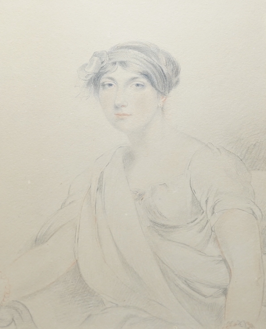 George Henry Harlow (1787-1819), pencil, Portrait of Eliza Adams, wife of the secretary to Pitt the Younger, details verso, 25 x 19cm